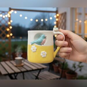 Extra Large Ceramic Bird & Daisy Coffee Mug - 24oz Oversized Tea Cup